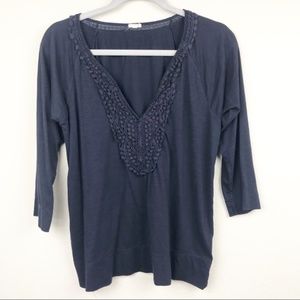 J. Crew Top Navy Blue Crochet Trim V Neck Large